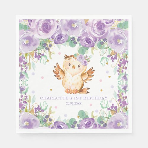 Chic Whimsical Purple Floral Owl 1st Birthday Napkins