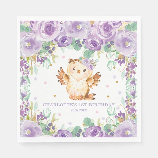 Chic Whimsical Purple Floral Owl 1st Birthday Napkins (Front)