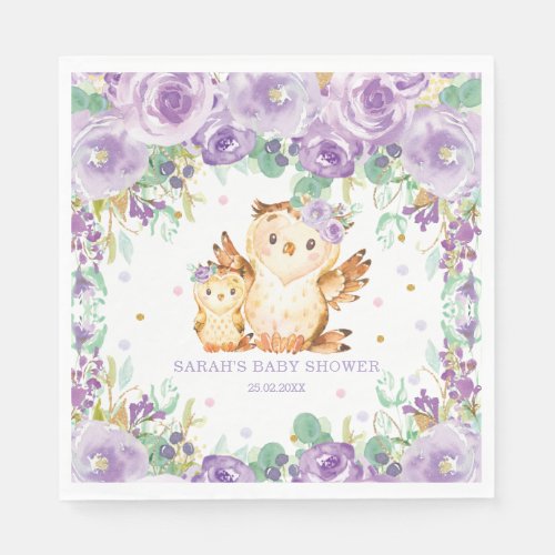 Chic Whimsical Purple Floral Owl Baby Shower Napkins