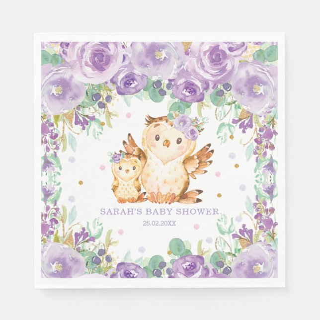 Chic Whimsical Purple Floral Owl Baby Shower Napkins (Front)