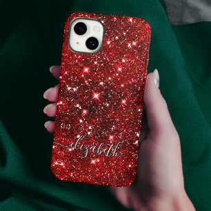 Chic whimsical red black glitter monogram iPhone 15 case