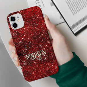Chic whimsical red black glitter monogram Case-Mate iPhone 14 case