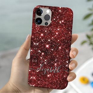 Chic whimsical red black glitter monogram iPhone 15 case