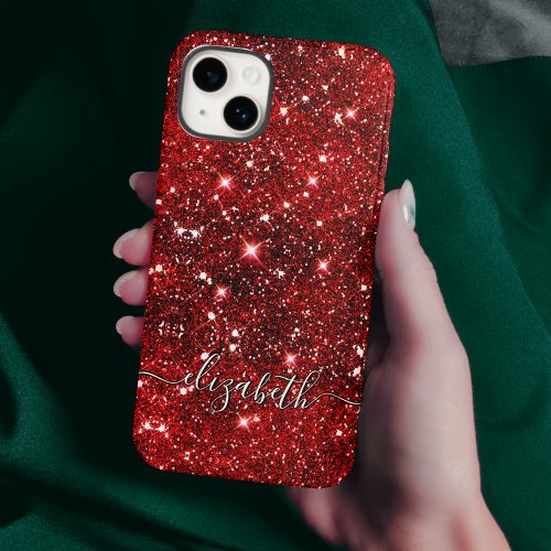 Chic whimsical red black glitter monogram  iPhone 15 case