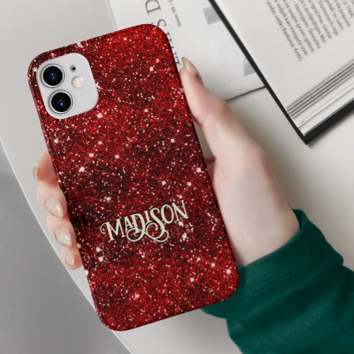 Chic whimsical red black glitter monogram  Case_Mate iPhone 14 case