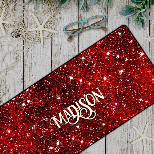 Chic whimsical red black glitter monogram  desk mat