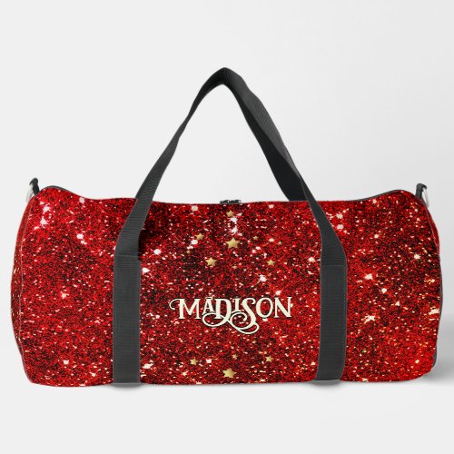 Chic whimsical red black glitter monogram duffle bag