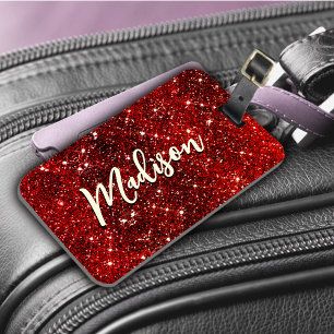 Chic whimsical red black glitter monogram luggage tag