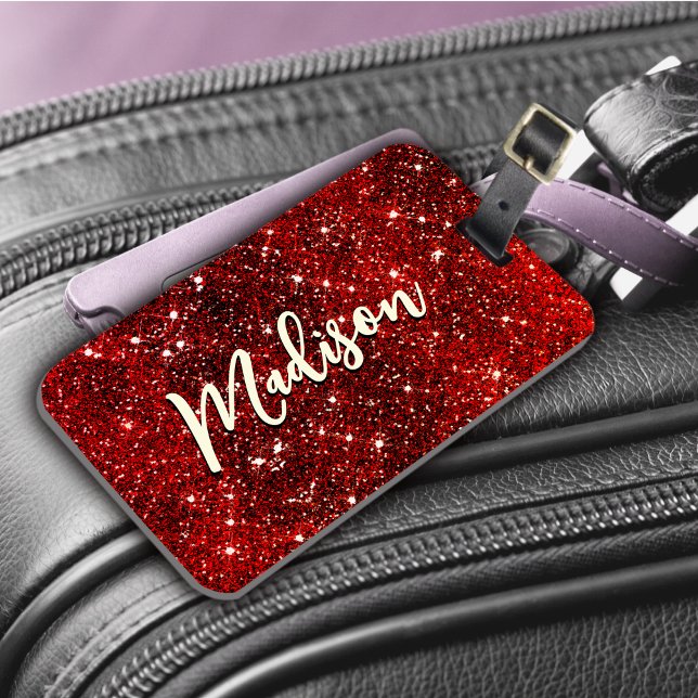 Chic whimsical red black glitter monogram  luggage tag (Creator Uploaded)