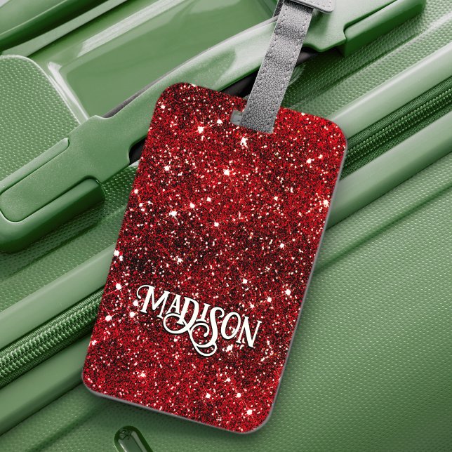 Chic whimsical red black glitter monogram  luggage tag (Creator Uploaded)