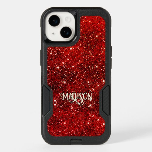 Chic whimsical red black glitter monogram  OtterBox iPhone 14 case