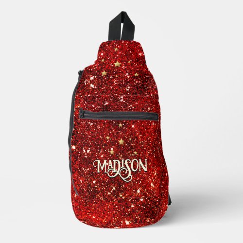 Chic whimsical red black glitter monogram  printed sling bag