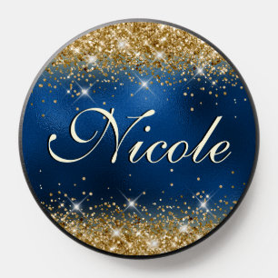 Chic Whimsical Royal Blue Gold Glitter Monogram PopSocket