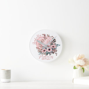 Chic Whimsical White Pink Pumpkin Floral  Round Clock