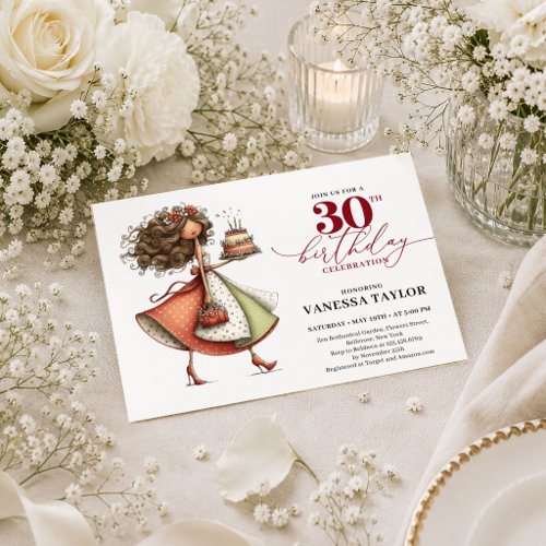 Chic Whimsical Woman 30th Birthday Burgundy Invite