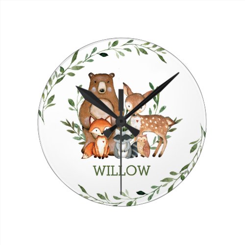 Chic Whimsical Woodland Animals Bear Deer Fox Owl Round Clock
