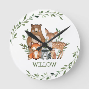 Chic Whimsical Woodland Animals Bear Deer Fox Owl Round Clock