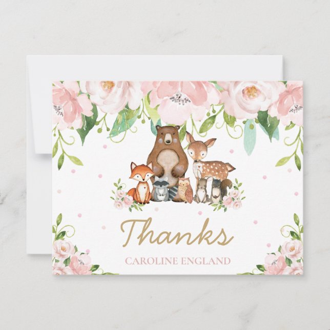 Chic Whimsical Woodland Animals Blush Pink Floral Note Card (Front)