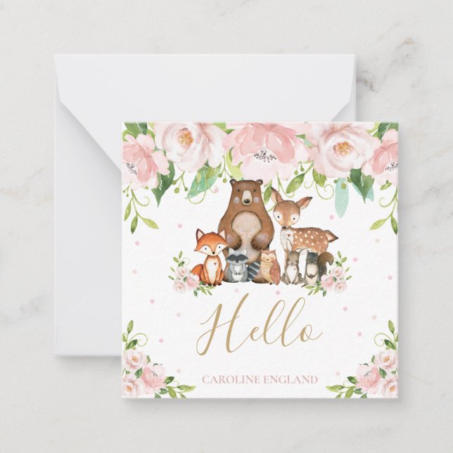 Chic Whimsical Woodland Animals Blush Pink Floral Note Card (Front)