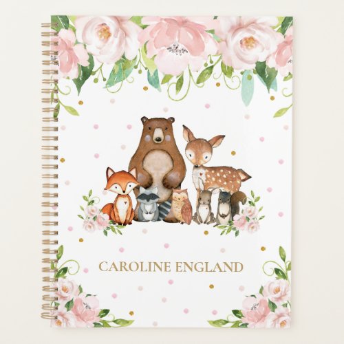 Chic Whimsical Woodland Animals Blush Pink Floral Planner