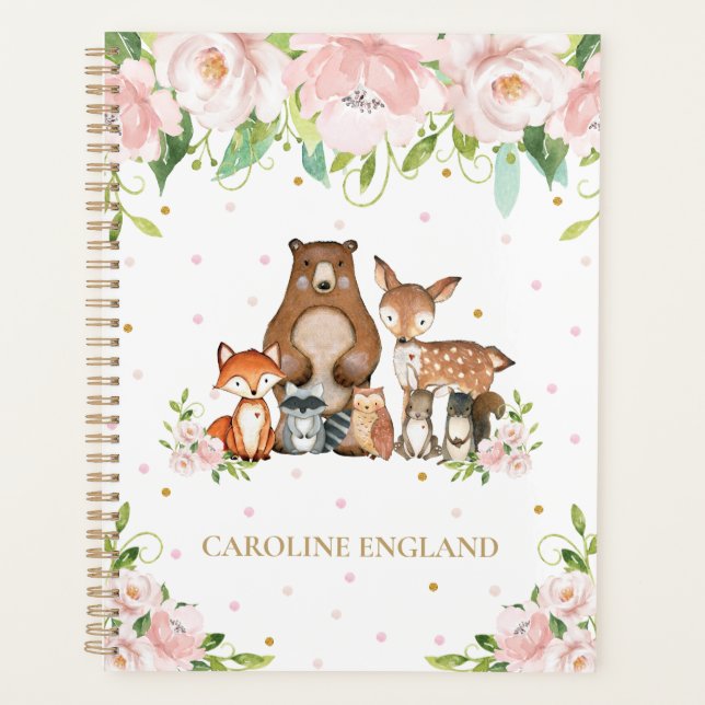 Chic Whimsical Woodland Animals Blush Pink Floral Planner (Front)
