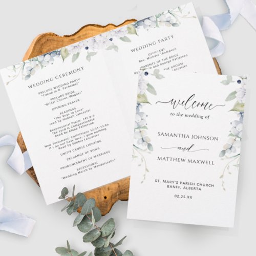 Chic White and Blue Floral Folded Wedding Program