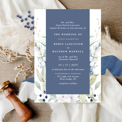 Chic White and Blue Floral Wedding Navy Invitation