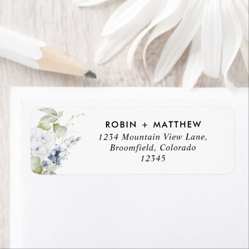 Chic White and Blue Floral Wedding Return Address Label
