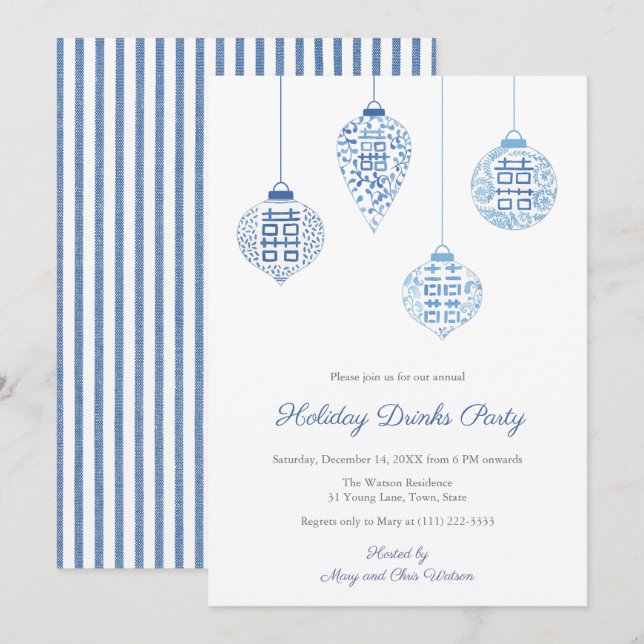 Chic White And Blue Holiday Ornaments Drinks Party Invitation (Front/Back)