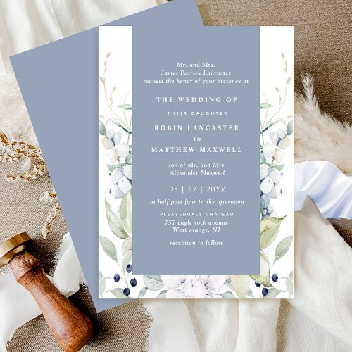 Chic White and Dusty Blue Floral Wedding Invitation