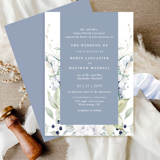 Chic White and Dusty Blue Floral Wedding Invitation (Creator Uploaded)