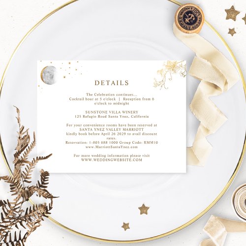 Chic White and Gold Celestial Wedding Details Enclosure Card