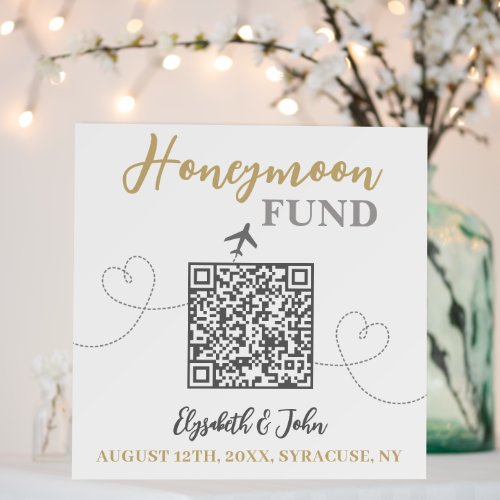 Chic White and Gold Elegant QR Code Honeymoon Fund Foam Board