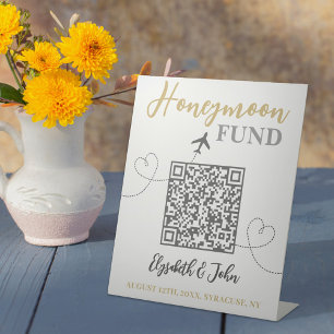 Chic White and Gold Elegant QR Code Honeymoon Fund Pedestal Sign