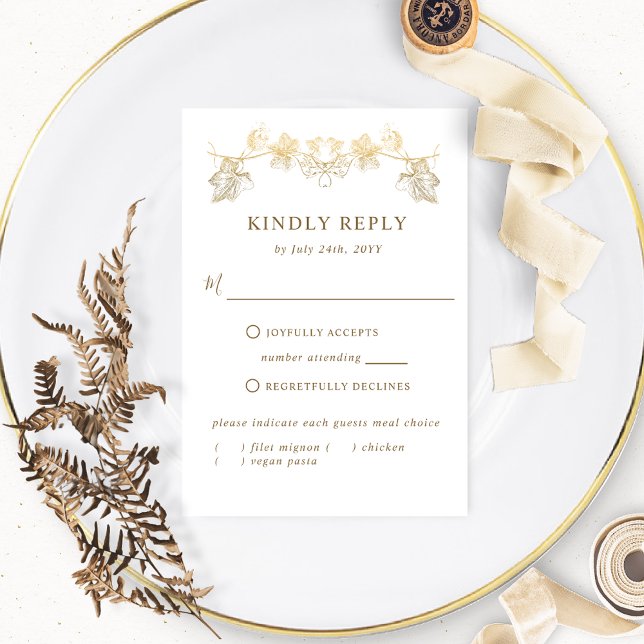 Chic White and Gold Gilded Leaves, RSVP with Meals Card (Creator Uploaded)
