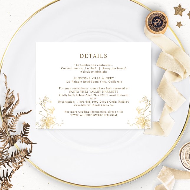 Chic White and Gold Gilded Leaves Wedding Details Enclosure Card (Creator Uploaded)