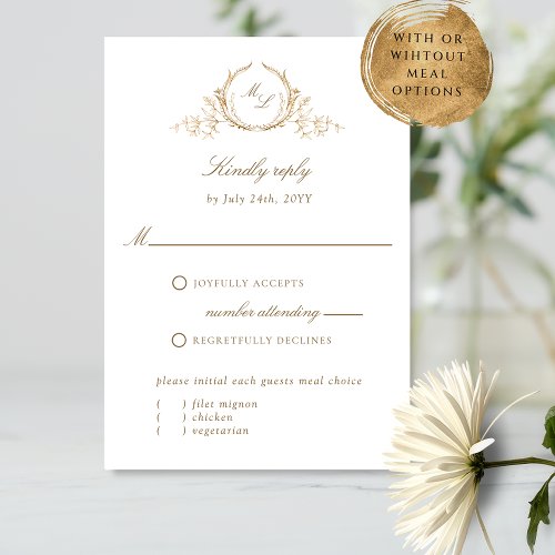 Chic White and Gold Monogram Calligraphy RSVP Card