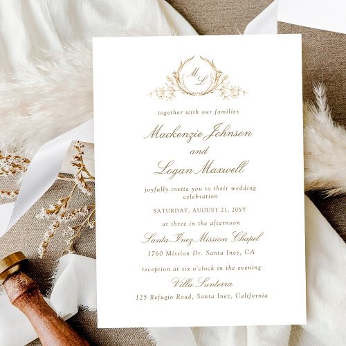 Chic White and Gold Monogram Calligraphy Wedding Invitation