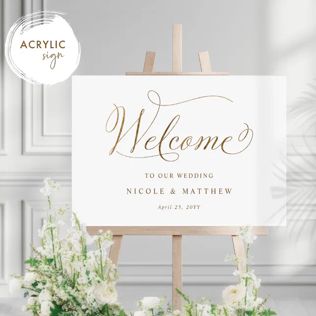 Chic White and Gold Wedding Welcome Acrylic Sign | Zazzle