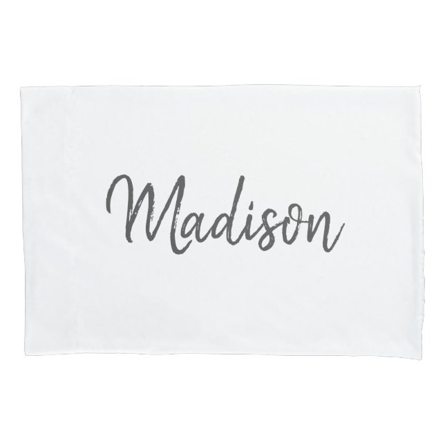 Chic White and Grey Brushed Script Monogram Name Pillow Case (Front)