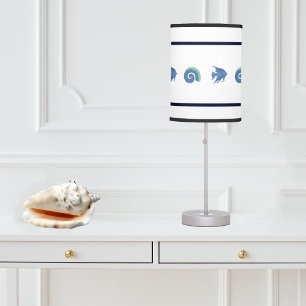 Chic White and Navy Blue Stripes Fish Shells Table Lamp