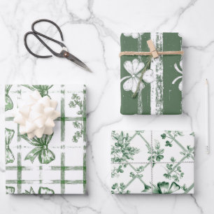 Chic White and Sage St. Patrick’s Bow set of 3 Wrapping Paper Sheets