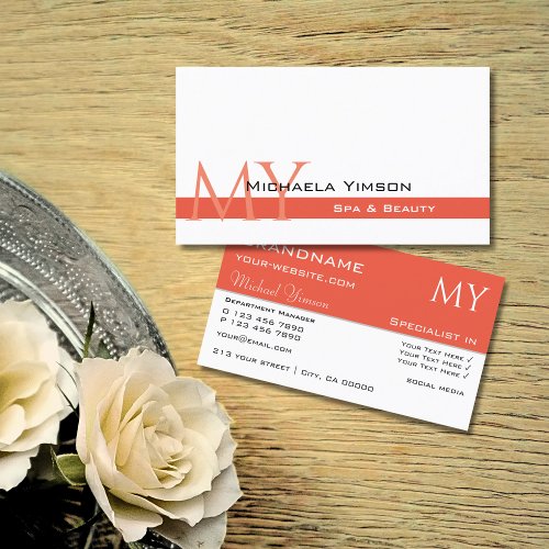 Chic White and Salmon with Initials Professional Business Card