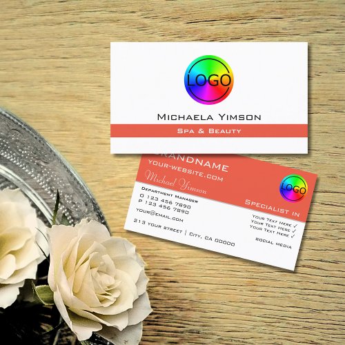 Chic White and Salmon with Logo Professional Business Card