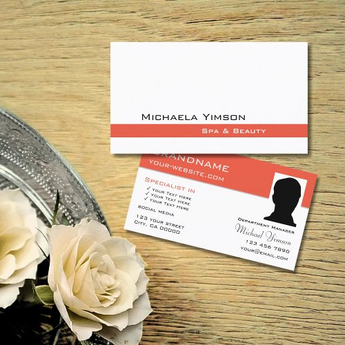 Chic White and Salmon with Photo Professional Business Card