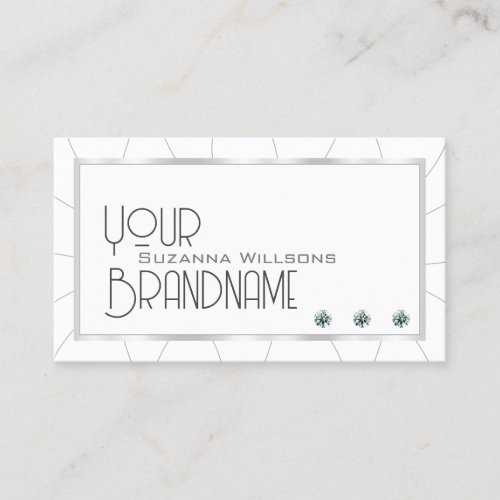 Chic White and Silver Frame with Diamonds Modern Business Card