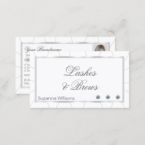 Chic White and Silver Frame with Diamonds  Photo Business Card