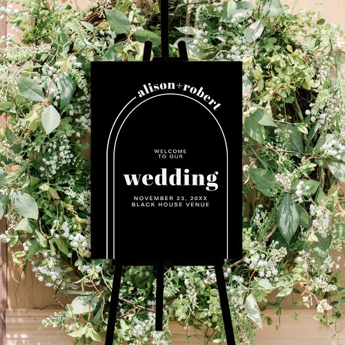 Chic white arch black wedding WELCOME sign