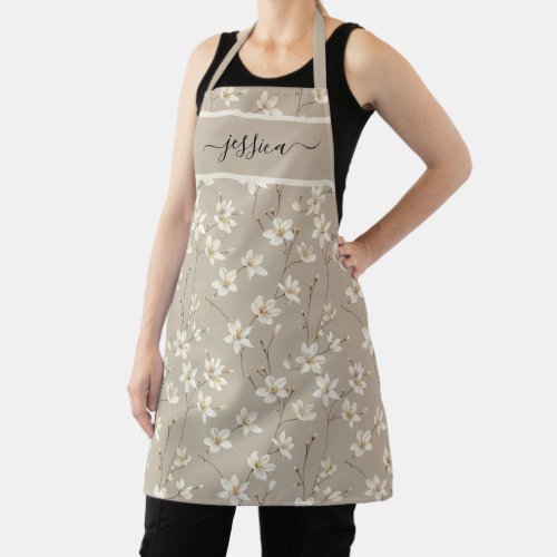 Chic white beige floral script name apron