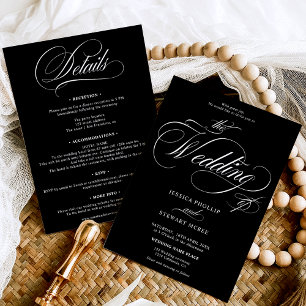 Chic white black all in one calligraphy wedding invitation